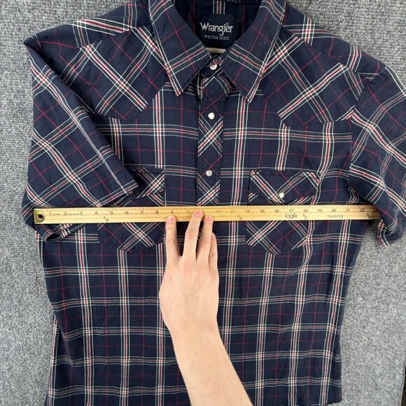 VTG Wrangler Short Sleeve Men Pearl Snap Up Shirt Adult Western Plaid Blue Red L - Picture 5 of 13